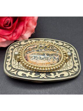 VTG Gold Tone Black Enamel Belt Buckle Leopard Skin Jasper Stone Made USA 2 X 3"